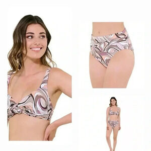 Freshwater Bikini Set Full Coverage Tan Black Pink Knot High Waisted Bottom XXL